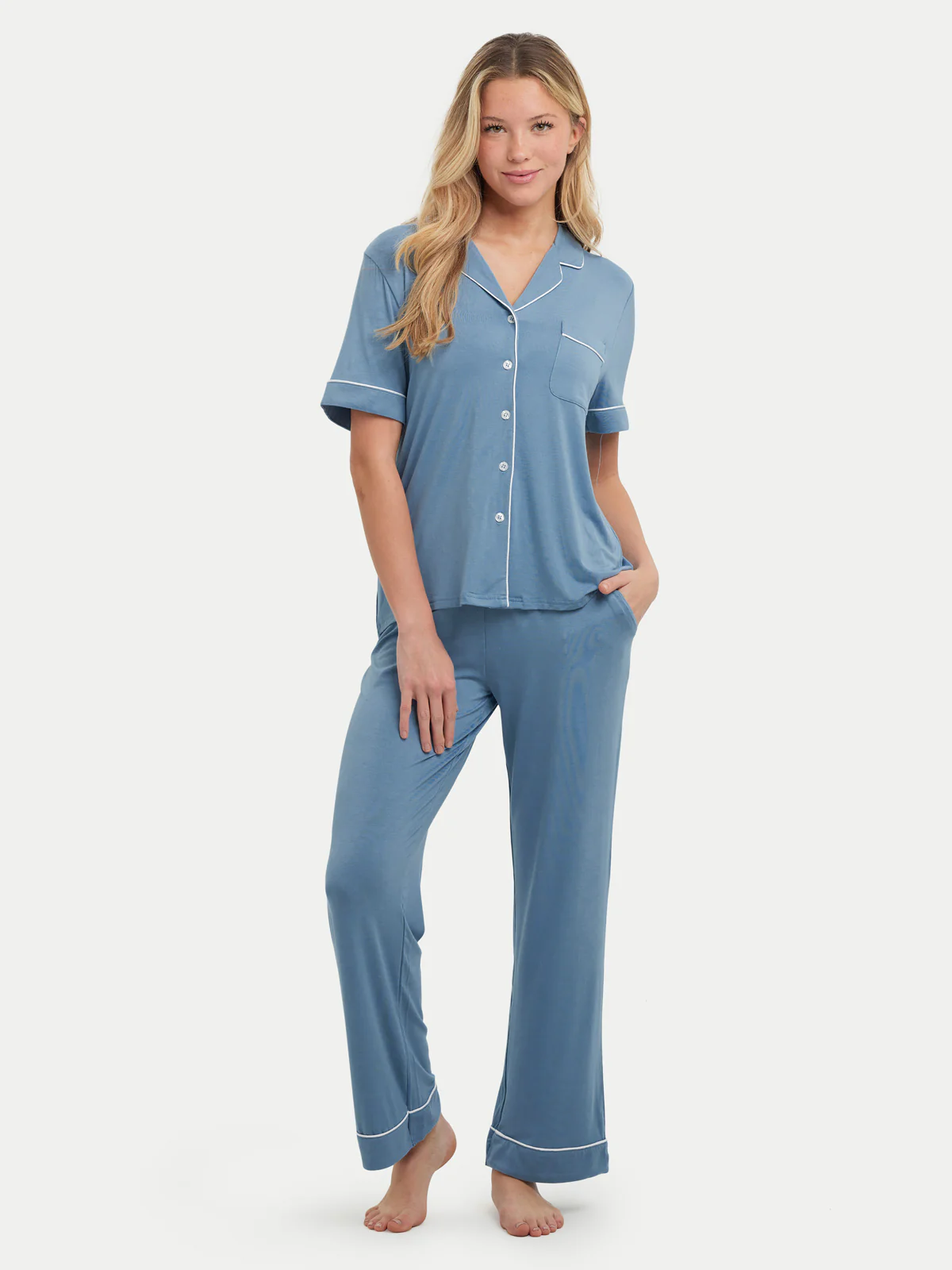 Short Sleeve Bamboo Pajama Set with Pants - Image 72