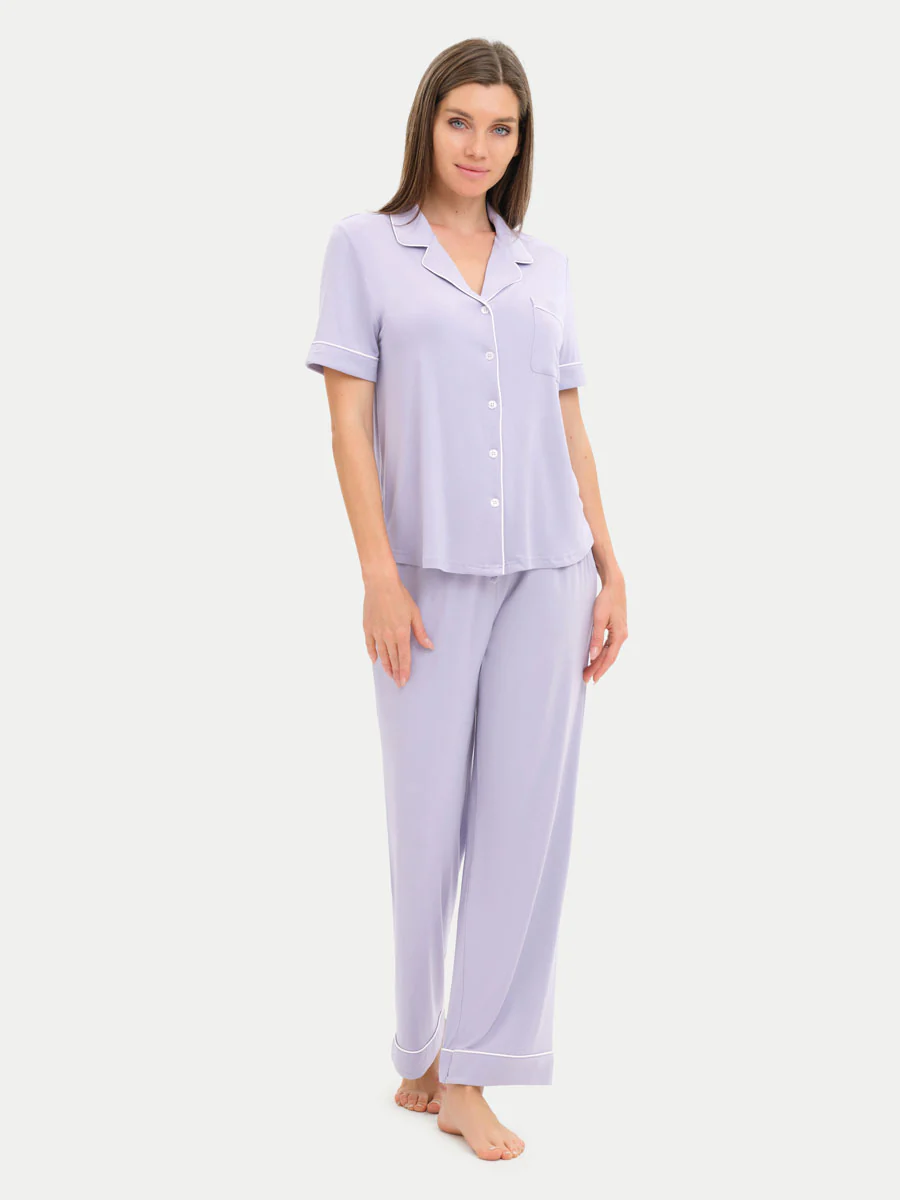 Short Sleeve Bamboo Pajama Set with Pants - Image 85